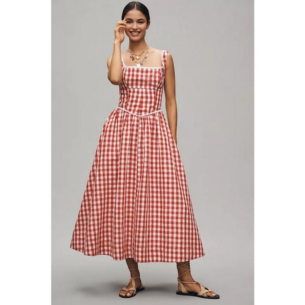 πWAYF x Styled Coco!π Gracie Gingham Linen-Blend Midi Dress Red Gingham XL NWT - Picture 2 of 16